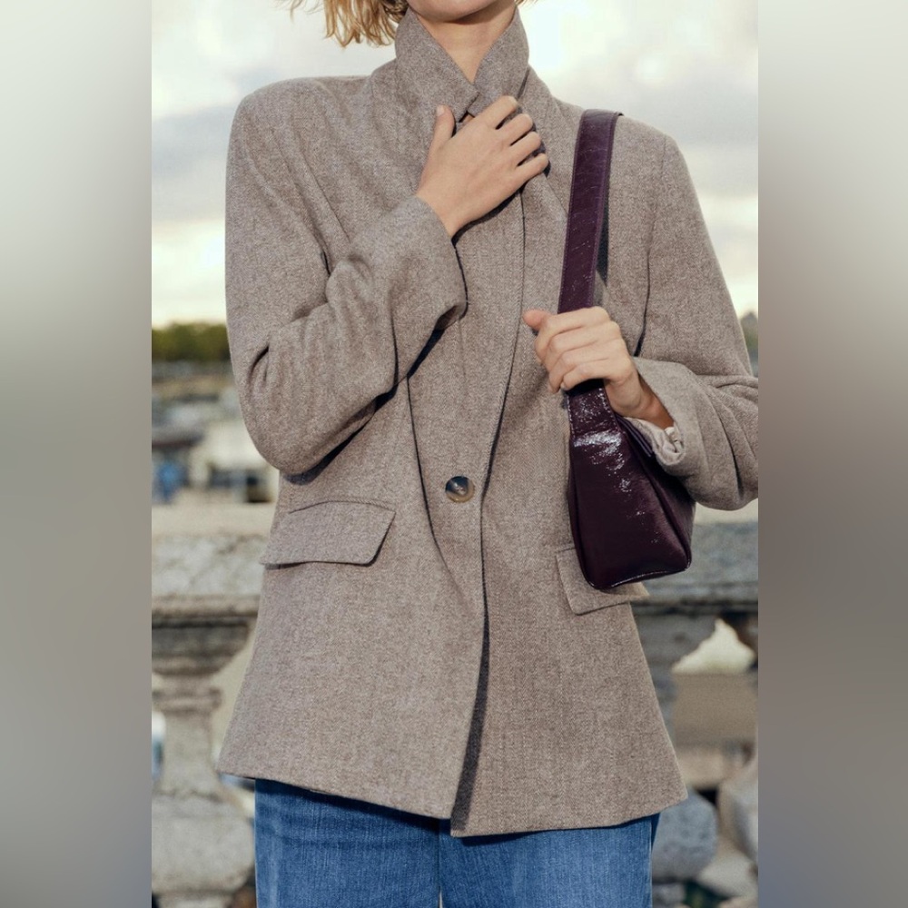 Zara wool blend straight cut herringbone blazer